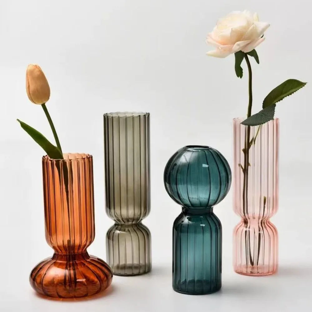 Nordic Creative Striped Colorful Vase Fashion Retro Glass Vase Decoration Ornament Hydroponic Vase for Home Office Decoration