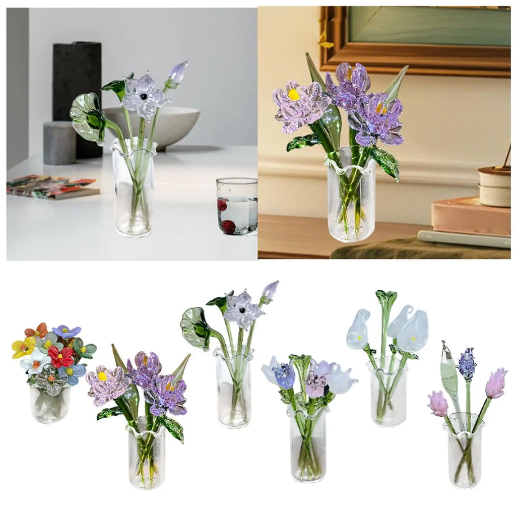 Glass Flowers Figurine with Vase Gifts Home Decorations Office Home Decor Bouquet Gift for Girlfriend Mom Women Birthday Wedding