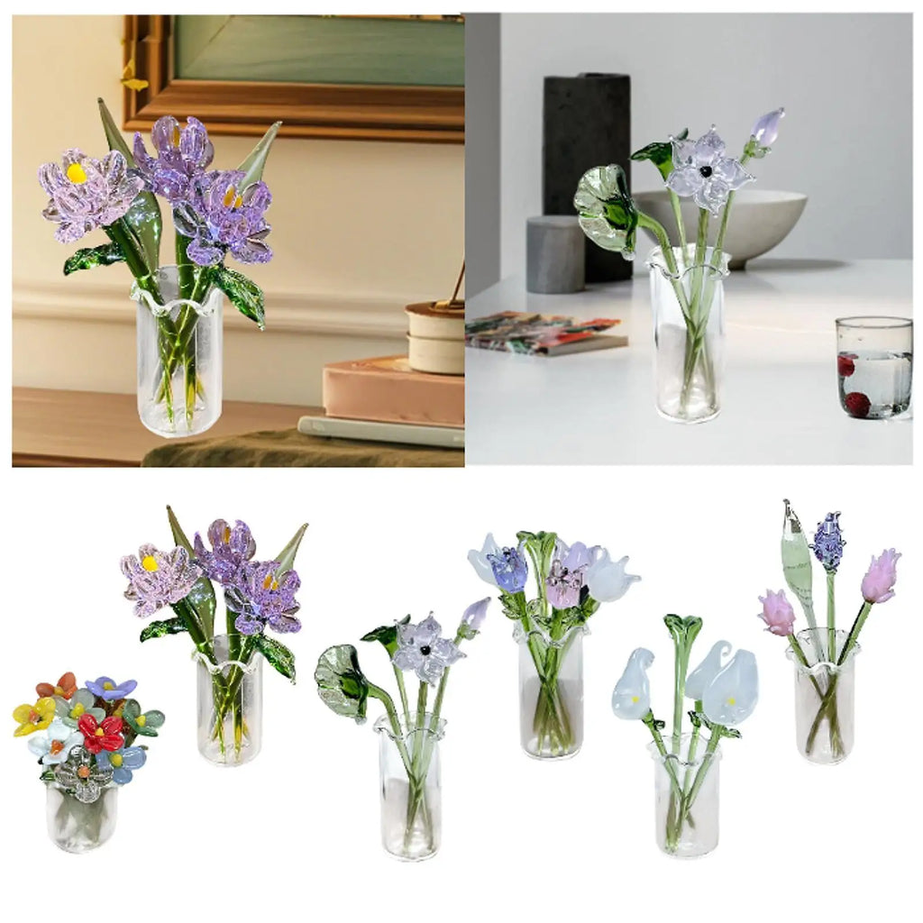 Glass Flowers Figurine with Vase Gifts Home Decorations Office Home Decor Bouquet Gift for Girlfriend Mom Women Birthday Wedding