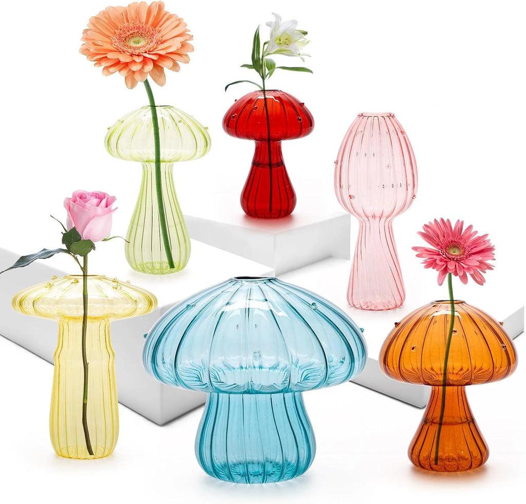 Mushroom Glass Vase Set - Mini Propagation Terrarium for Plants & Flowers | Cute Home/Office Decor, Indoor Plant Gift for Women
