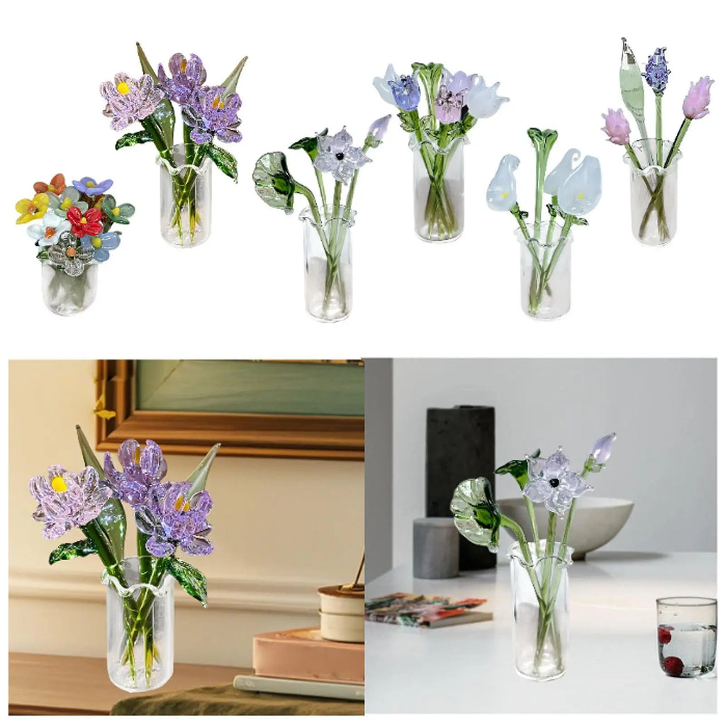 Glass Flowers Figurine with Vase Gifts Home Decorations Office Home Decor Bouquet Gift for Girlfriend Mom Women Birthday Wedding