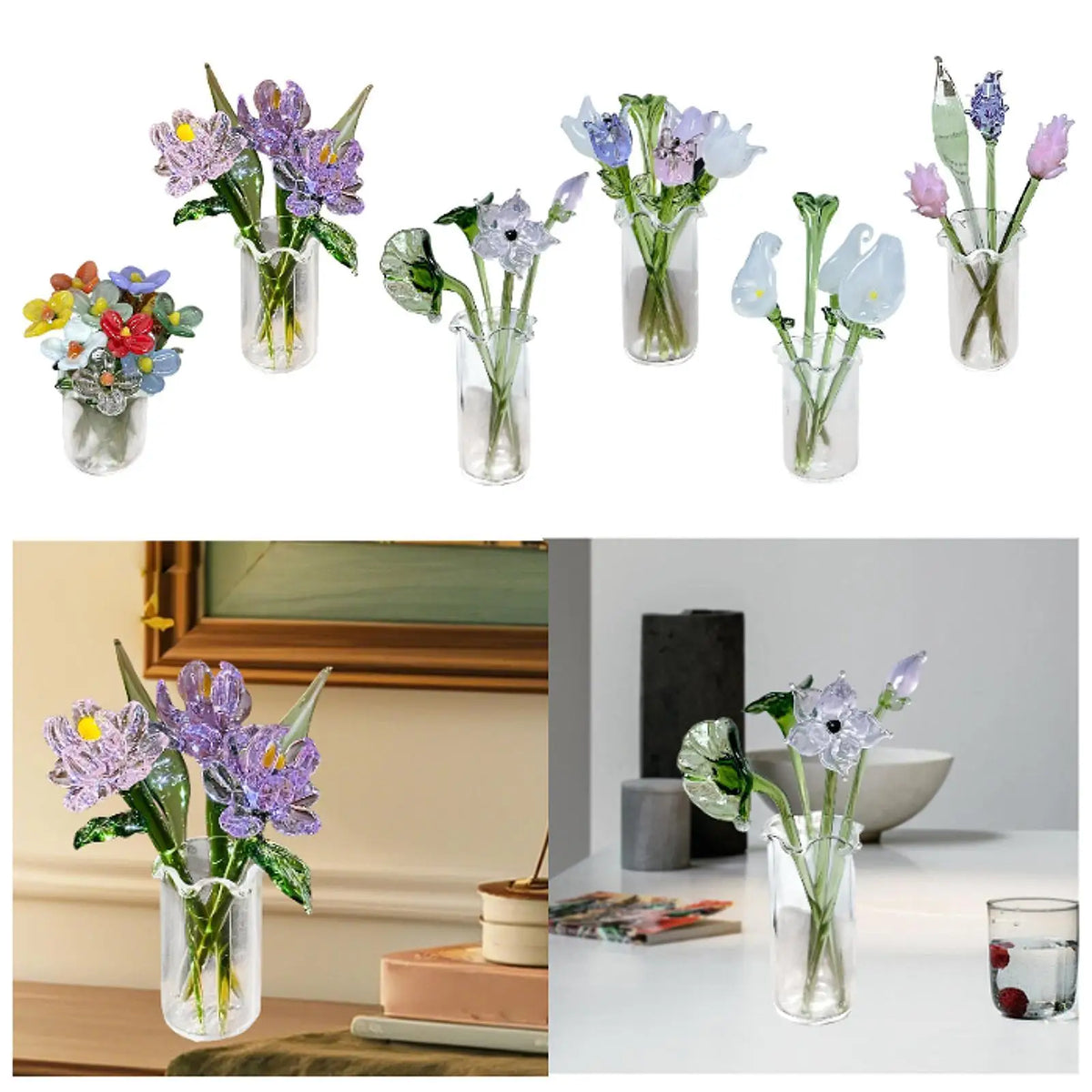 Glass Flowers Figurine with Vase Gifts Home Decorations Office Home Decor Bouquet Gift for Girlfriend Mom Women Birthday Wedding