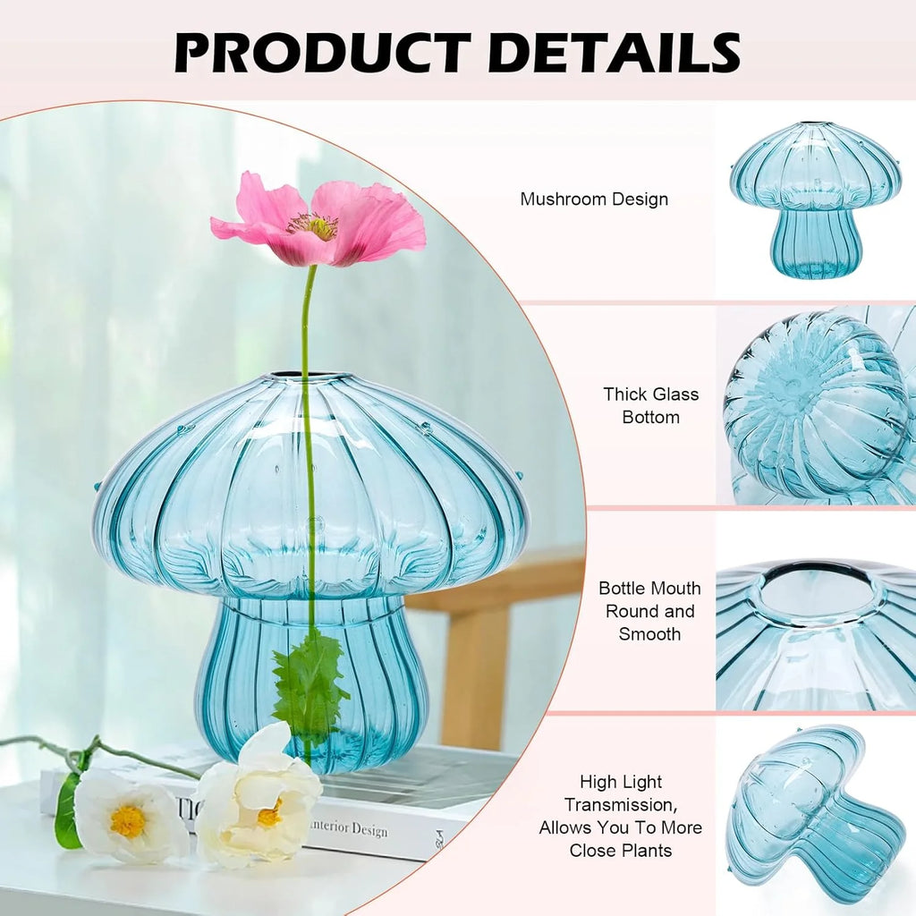 Mushroom Glass Vase Set - Mini Propagation Terrarium for Plants & Flowers | Cute Home/Office Decor, Indoor Plant Gift for Women